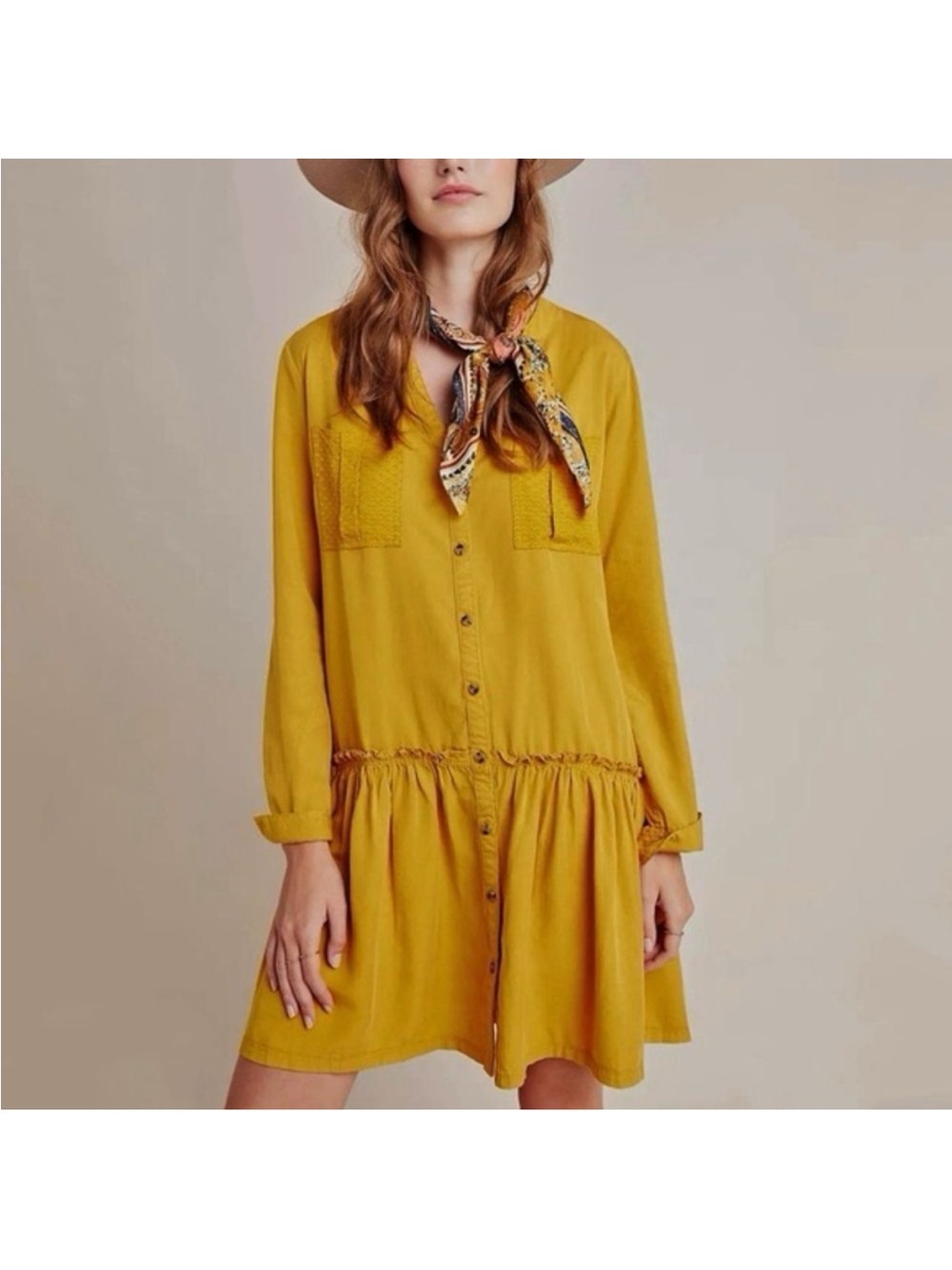 Anthropologie Maeve Marlie Dress Size 2 Mustard Yellow Lyocell Drop Waist Boho
